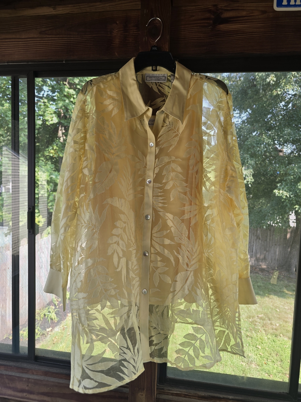Yellow Sheer Leaf-Pattern Button Front Blouse - Lightweight Elegant Top